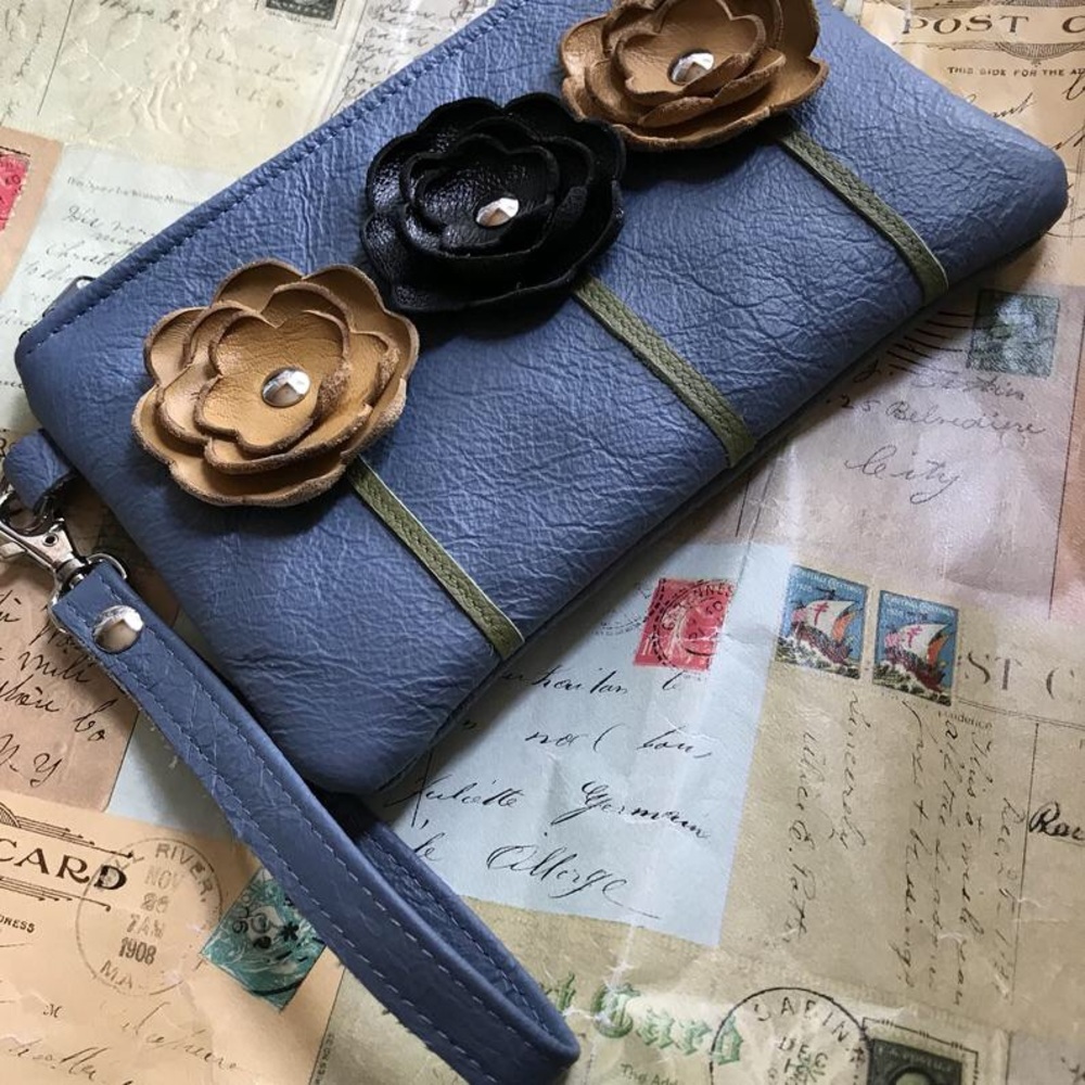 Sew Posh Designs Blue, Mustard Leather Wristlet